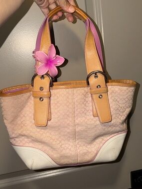Women's Pink Canvas Tote Bag with Tan Leather Trim
